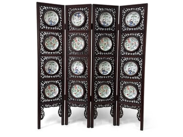 Chinese Famille Rose Porcelain and Hardwood Screen