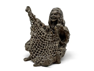 Brutalist Bronze Sculpture. Fisherman with Net