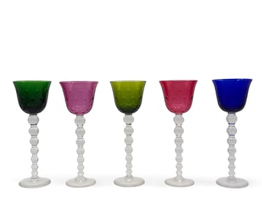 Five Saint Louis Crystal Colored Bubbled Goblets