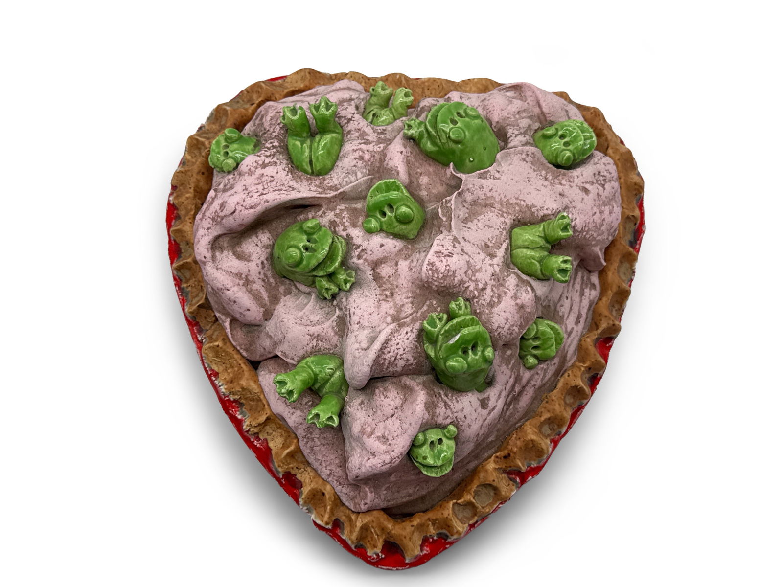 David Gilhooly Sculpture: Frog Pie: David Gilhooly (American, 1943-2013) A hand built ceramic sculpture of heart shaped pie having frog decoration. Signed. 4 in tall x 9 in wide. | You have additional shipping options, and are not requi