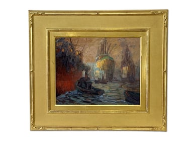 Gilt Framed Impressionist Harbor Scene Oil on Canvas