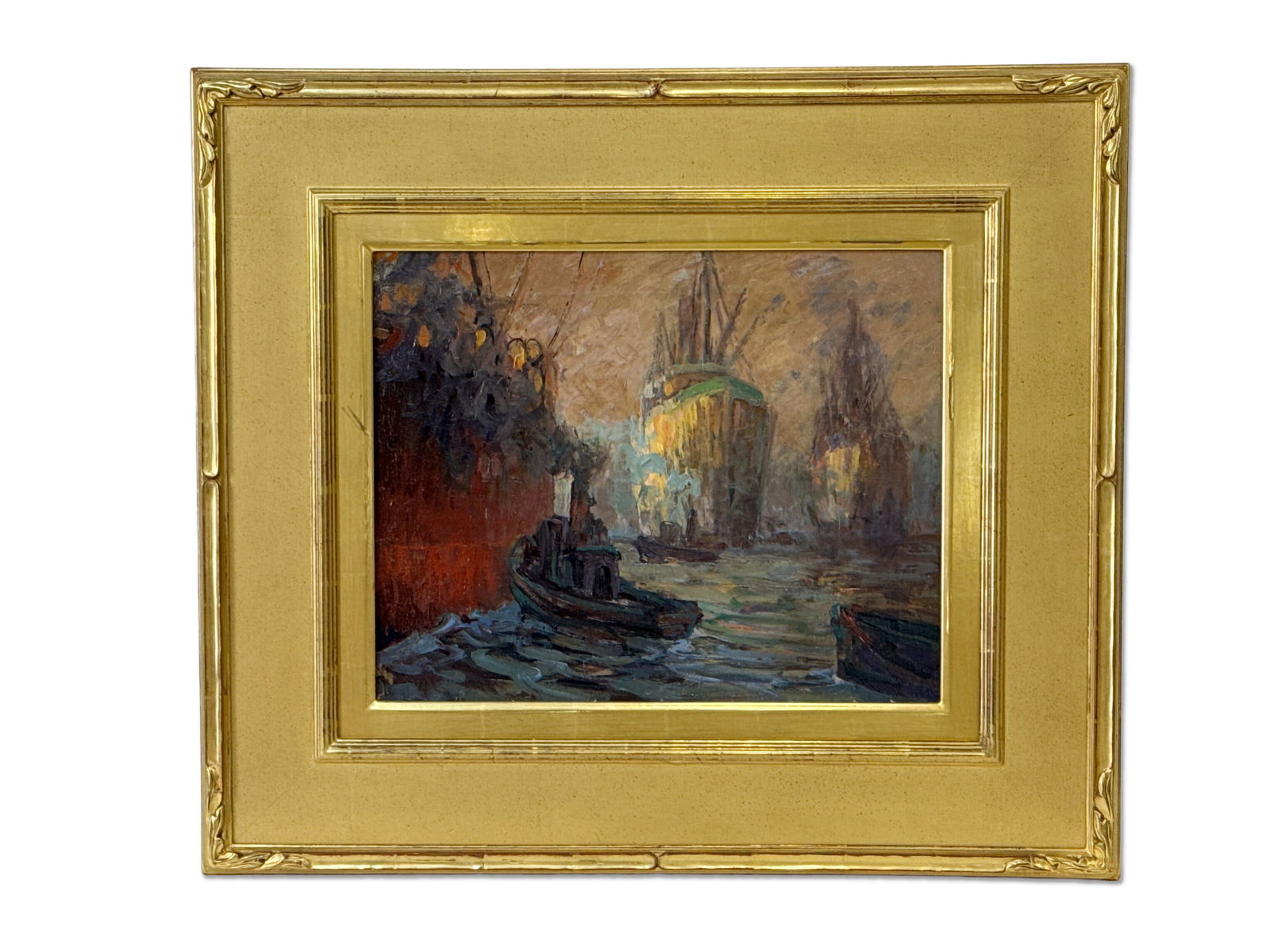 Gilt Framed Impressionist Harbor Scene Oil on Canvas (1 of 7)