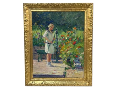Impressionist Oil/Canvas. Girl at Well Pump