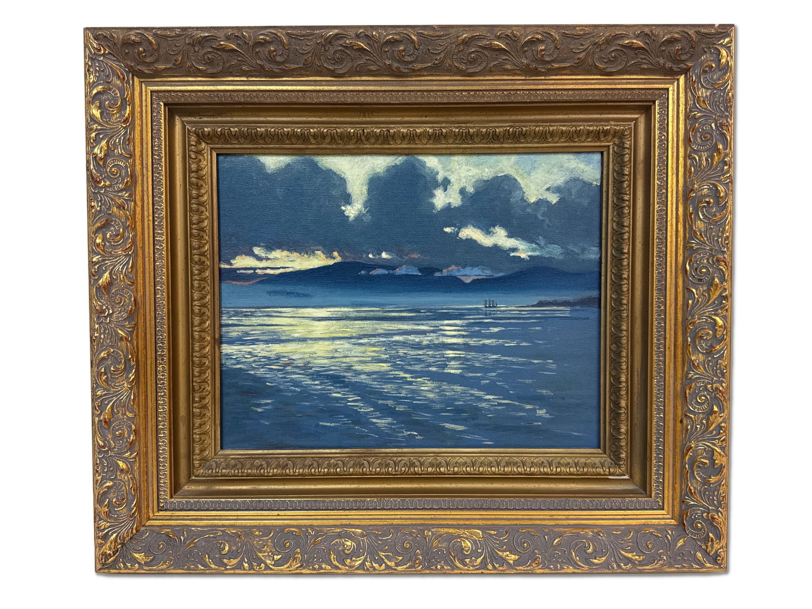 Gilt Framed Oil/Canvas Moonlight Seascape (1 of 5)