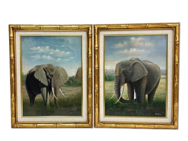 2 Gilt Framed Oil/Canvas Paintings of Elephants