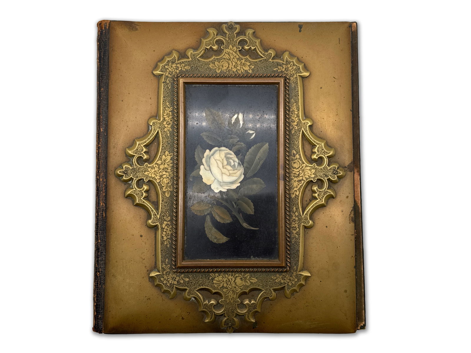 Victorian Brass and Pietra Dura Leather Portfolio Cover: A Victorian brass and leather bound portfolio album cover having a pietra dura white rose panel. 11-1/2 in tall x 9-1/2 in wide. | You have additional shipping options, and are not required to use Liv