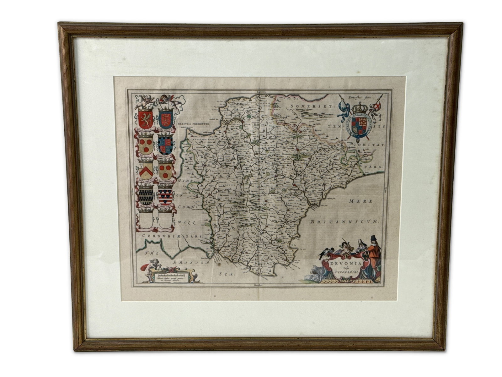 Joan Bleau. Map of Devonshire: Joan Bleau (Dutch, 1596-1673). An engraved map of Devonshire with colored outlines and crests, "Devonia Vulgo Devonshire". Framed under glass mat opening: 17-1/4 in x 21-1/4 in. Outside frame: 25-1/4 