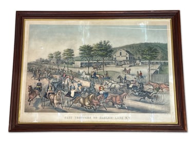 Currier and Ives Lithograph. Fast Trotters on Harlem Lane, NY
