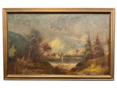 Gilt Framed Oil on Canvas Lakeside Landscape