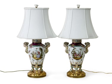 Pair of Continental Porcelain Mask Adorned Table Lamps