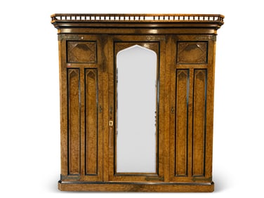 Fine English Burlwood Three-Door Armoire