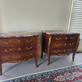 Pair of French Louis XV Style Marble Top Commodes