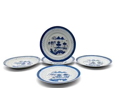 Five Chinese Canton Porcelain Blue/White Plates