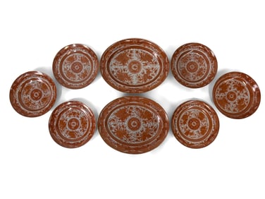 Collection of Eight Chinese Export Orange Fitzhugh Porcelain Tablewares