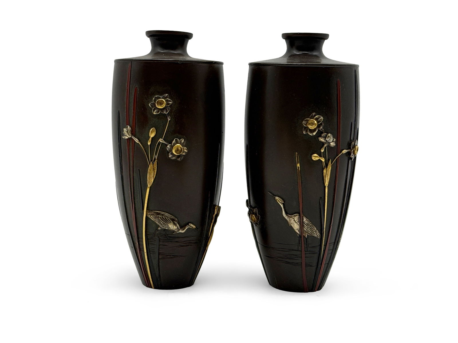 Pair of Signed Japanese Bronze and Mixed Metal Vases (1 of 6)