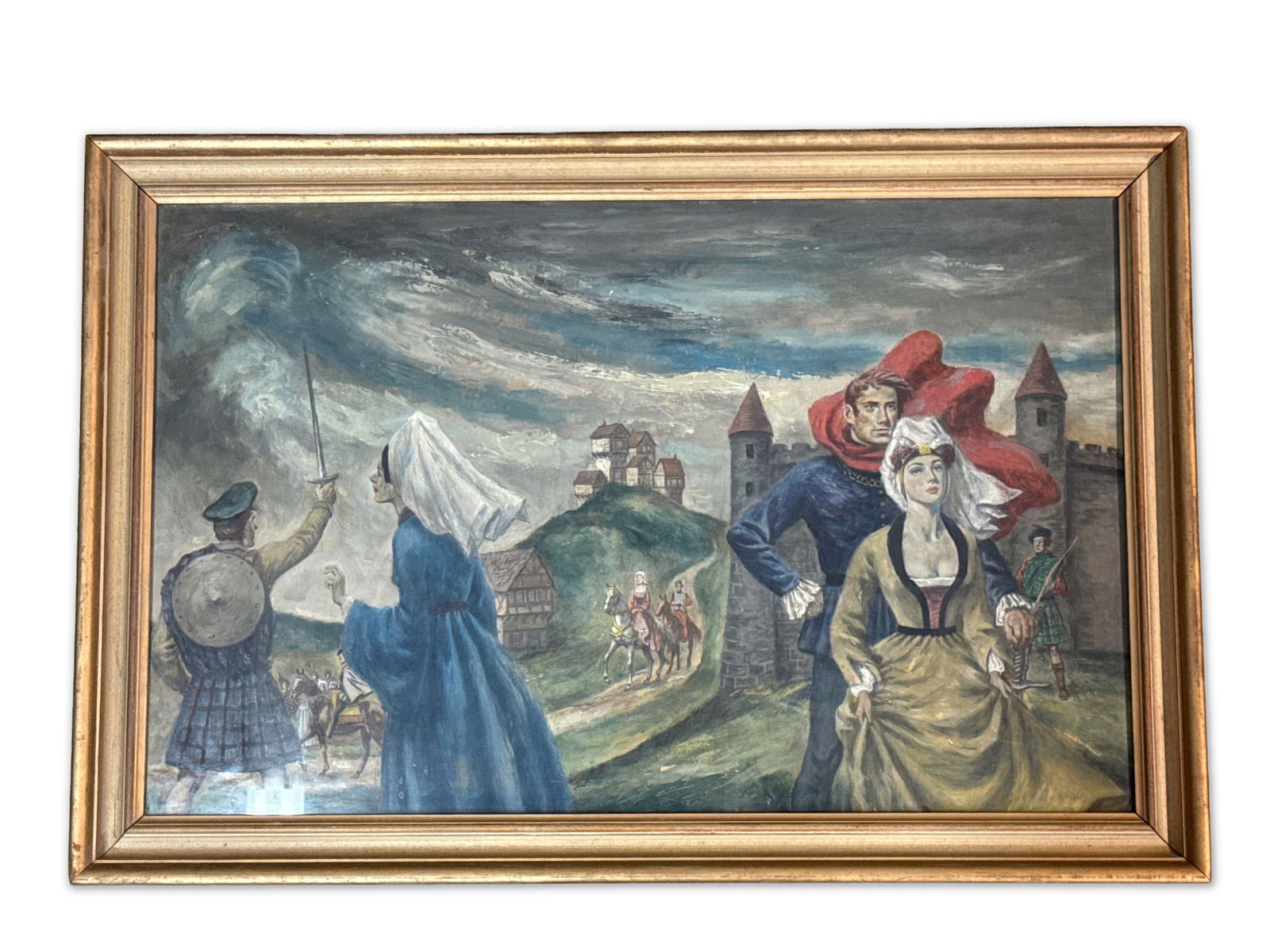 Medieval Themed Watercolor/Paper Painting: A medieval themed watercolor on paper painting. having Paper: 18 in tall x 28 in wide. Frame: 22 in tall x 32 in wide. | You have additional shipping options, and are not required to use Live Shipping