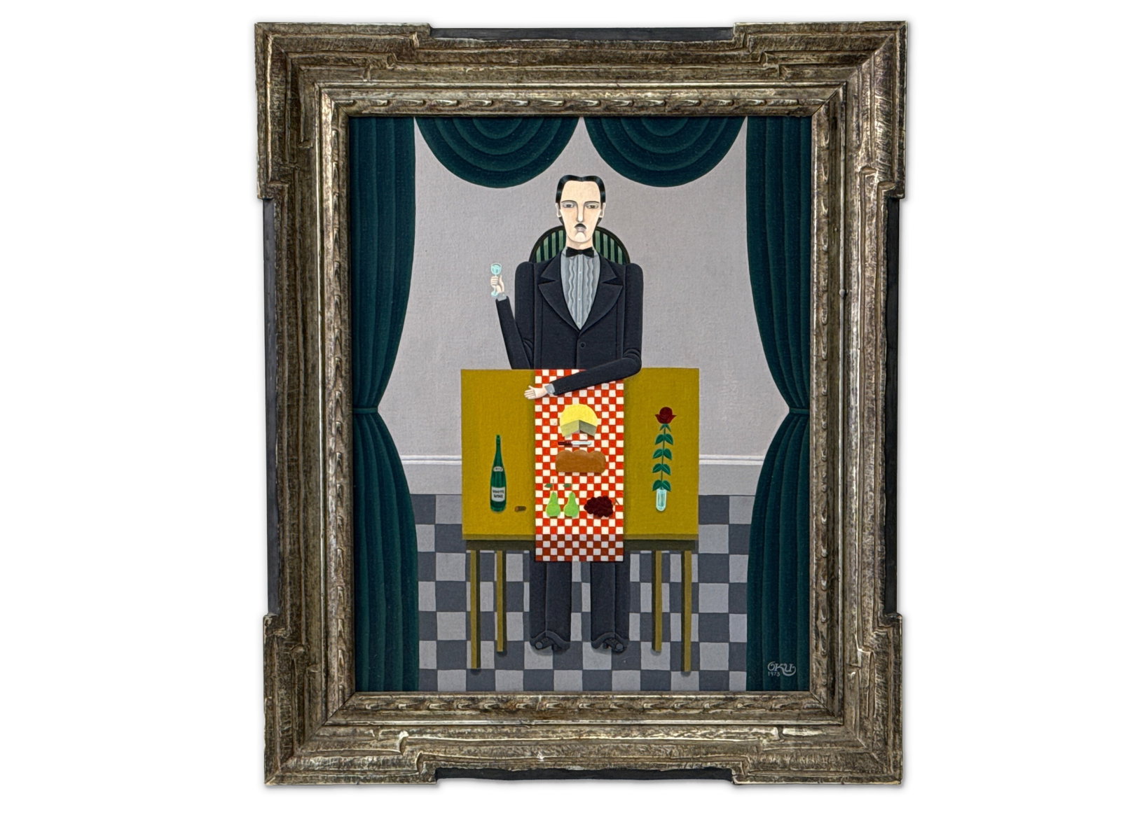 Shigeo Okumura (Oku). Oil on Canvas. Gentleman Diner: Shigeo Okumura (Oku) (Japanese, 1938-1993). An oil on canvas depicting a gentleman seated at a dinner table holding a cocktail. Signed lower right and framed. Canvas: 20 in tall x 16 in wide. Outside 