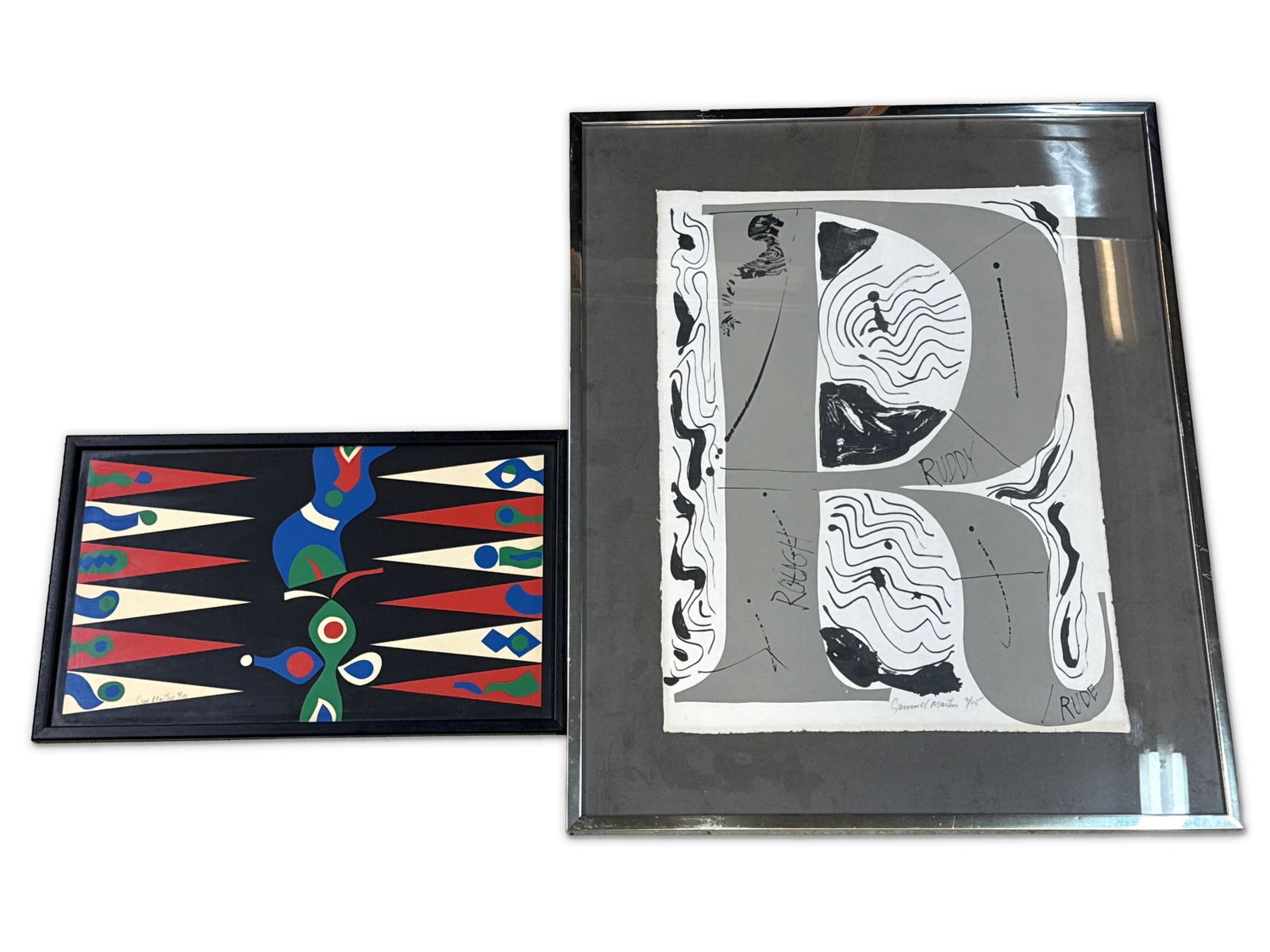 Sam Maitin. Two Works: Sam Maitin (American, 1928-2004). Two pencil signed works to include a backgammon board lithograph and a "Letter R" lithograph. Both signed and framed under glass. Larger outside frame: 29 in x 23-1/2