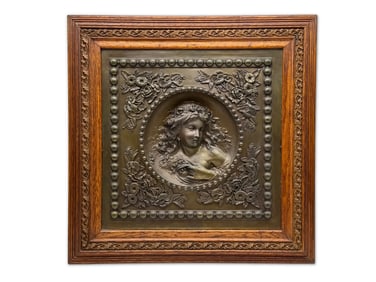 Victorian Oak Framed Bronze Portrait Relief Plaque
