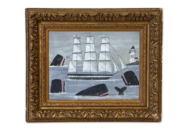 New England Folk Art Whale Painting on Panel