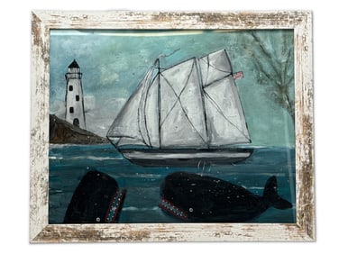 New England Folk Art Painting of Sailboat and Whales