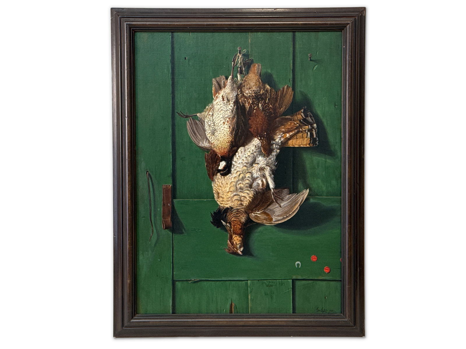 George Cope Oil on Canvas. Game Birds: George Cope (American, Pennsylvania, 1855-1929). A trompe l'oeil oil on canvas still life, after the hunt, depicting game birds hanging from a green painted door. Signed lower right and dated 1888. Ca