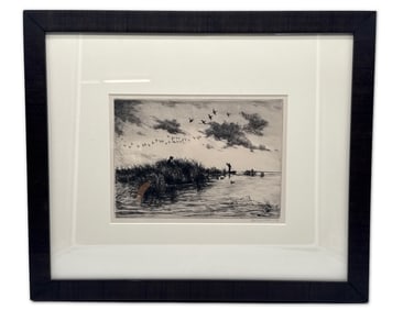 Roland Clark. Drypoint Etching. Marsh Hunt Scene.