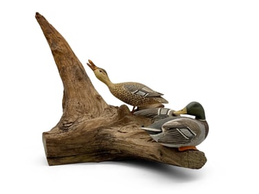 Carl Malmstrom Mallard Drake and Hen on Driftwood Base