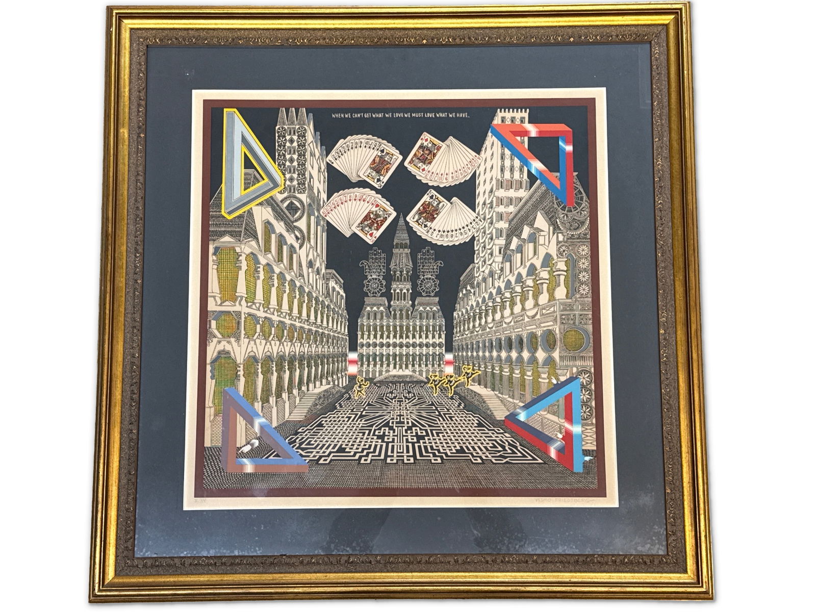 Pedro Friedeberg. Lithograph. Amamos.: Pedro Friedeberg (Mexican, b. 1936) An op art and geometric lithograph titled Amamos. Signed bottom right. Numbered on left. Mat opening: 25 in tall x 25 in wide. Frame: 35 in tall x 35 in wide. | You