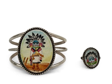 Hand Painted Zuni Kachina Dancer Silver Bracelet and Ring