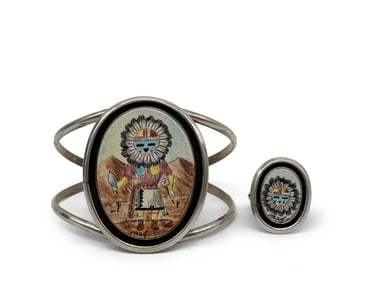 Hand Painted Zuni Kachina Dancer Silver Cuff and Ring