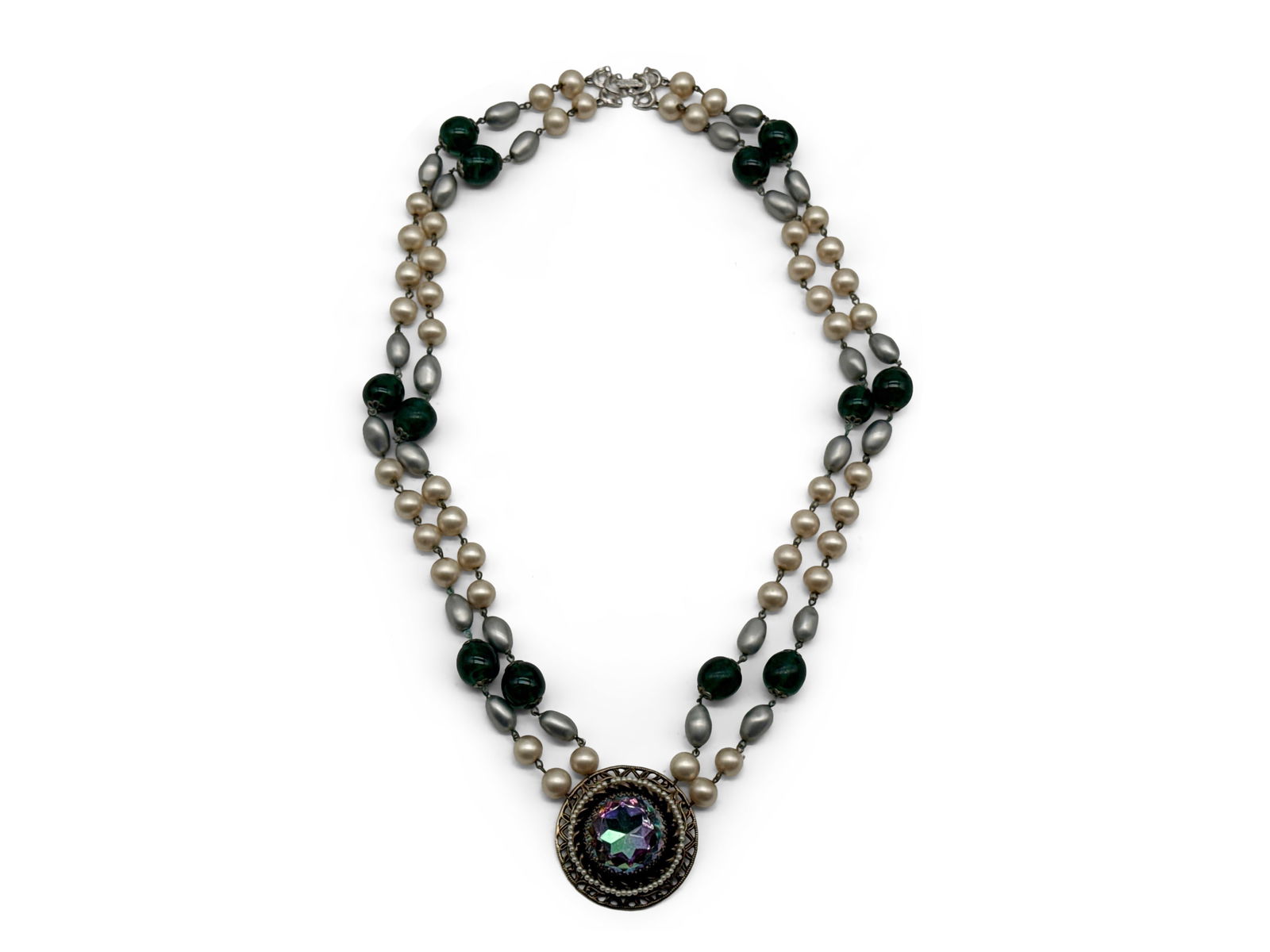 Schiaparelli Costume Faux Pearl Necklace with Brooch: A vintage Schiaparelli faux pearl beaded necklace with large opalescent brooch as pendant. Brooch is marked. Necklace: 14 in long. Brooch: 2 in tall x 2 in wide. | You have additional shipping options