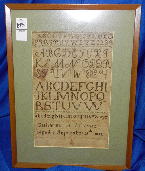 1892 Sampler, Catherine A Sylvester: Sampler by Catherine A Sylvester "Aged 9 September 29, 1892. 12" x 8".