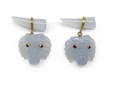 Carved Lavender Jade Elephant Cufflinks