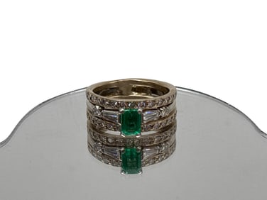 Platinum and 18k White Gold, Emerald, and Diamond Ring