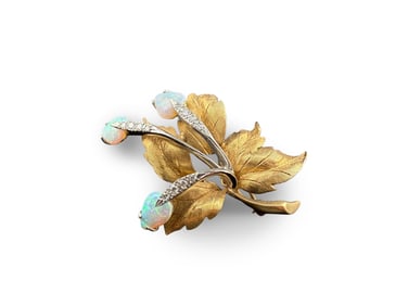 14K Gold, Opal, and Diamond Leaf Brooch