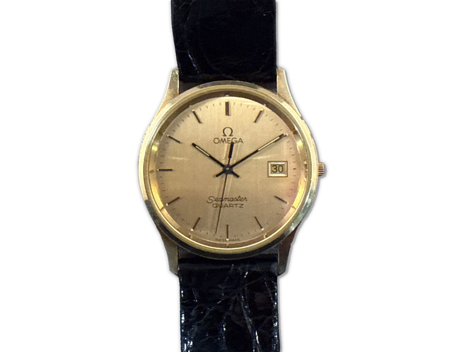 Omega 14K Yellow Gold Seamaster Wristwatch: An Omega 14K yellow gold Seamaster Quartz wristwatch on a later crocodile strap. 20.38 total dwt. 30mm. | You have additional shipping options, and are not required to use Live Shipping. Additional th