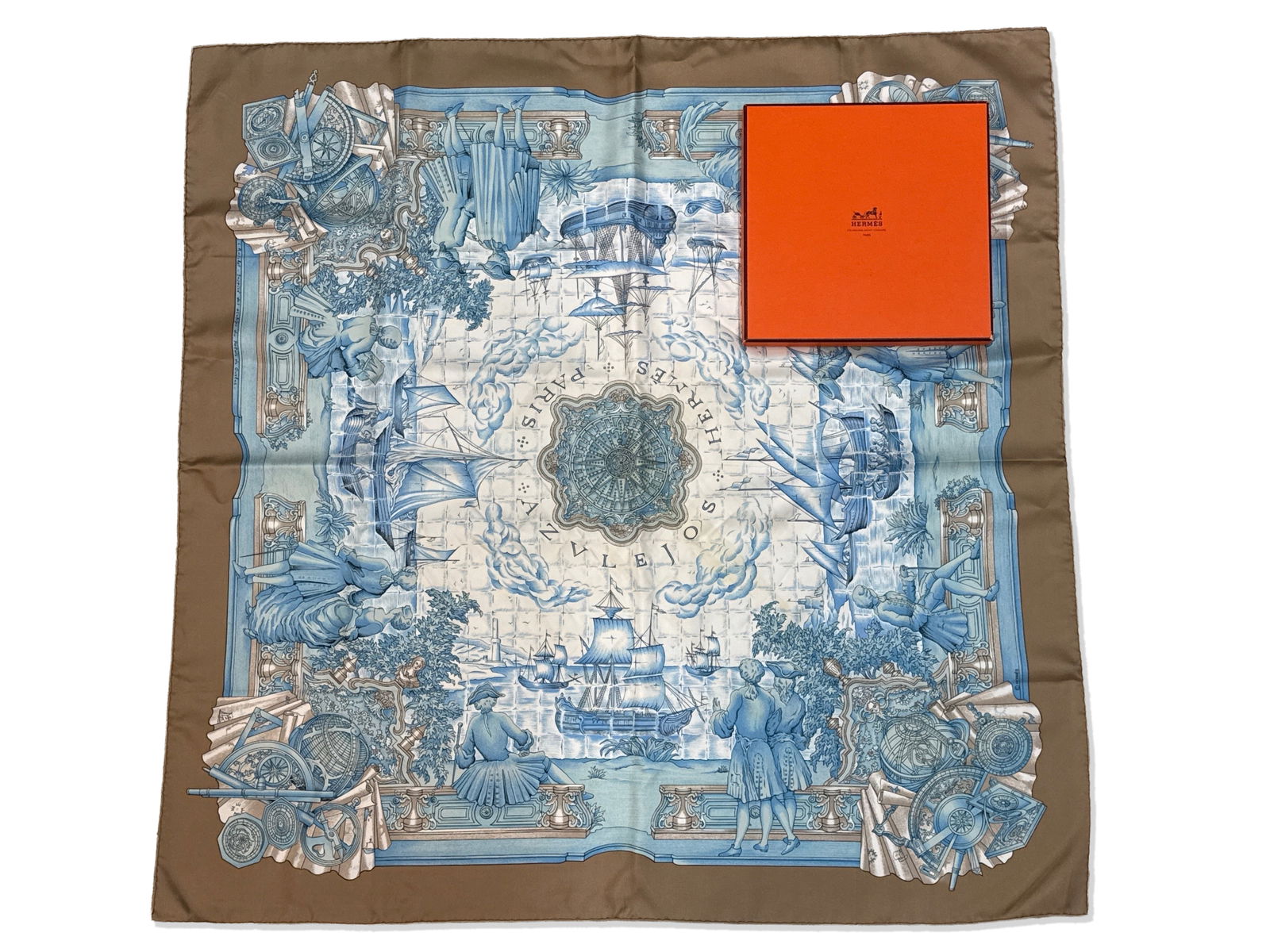 Hermès Paris Azulejos Silk Scarf: An Hermès Paris Azulejos silk scarf with Portuguese motif. Marked Hermès Paris. With original silk tag. Includes original orange gift box. 34-1/2in x 33-1/2in. | You have additional shipping options