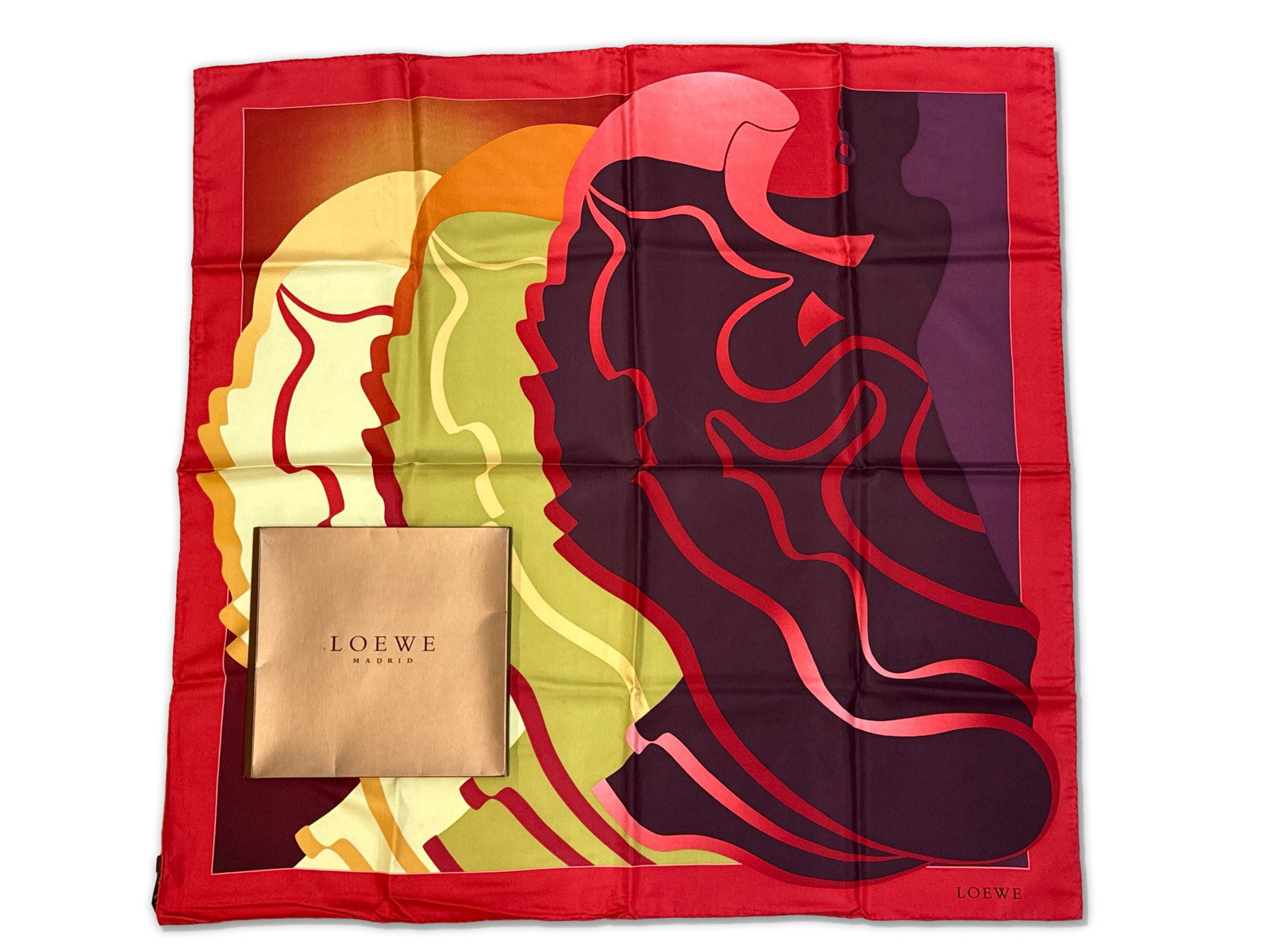 Loewe Flameco Dancer Silk Scarf: A Loewe silk scarf with flamenco dancer motif. Marked Loewe. Includes original tag and box. 33-1/2in x 33-1/2in. | You have additional shipping options, and are not required to use Live Shipping. Addi