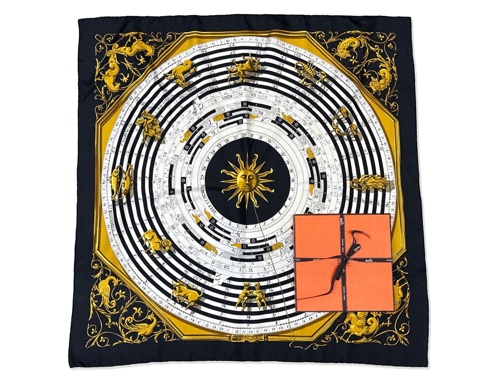 Hermès Dies et Hors Astrology Silk Scarf: An Hermès Paris Dies et Hors silk scarf with astrological motif. Marked Hermès. Includes original Hermès Paris gift box and ribbon. Scarf: 35in x 34-1/2in. | You have additional shipping options, a