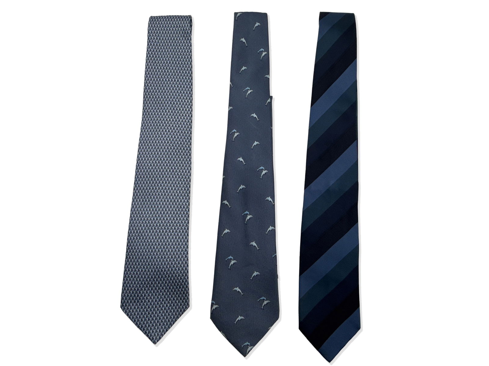 Gucci and Lanvin Silk Ties: Two Lanvin patterned silk ties and a Gucci blue-hued silk tie. Largest: 60in long. | You have additional shipping options, and are not required to use Live Shipping. Additional third-party shipper