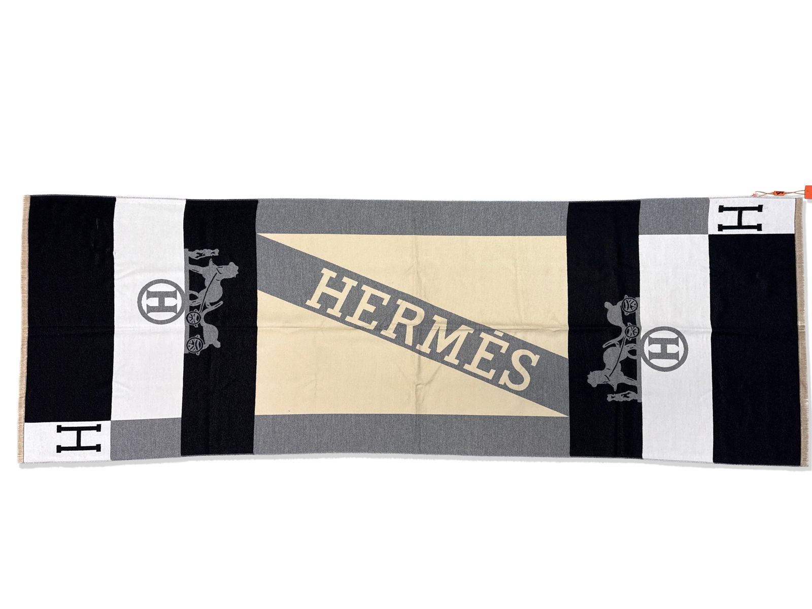 Hermès Cashmere Color-Block Throw: An Hermès Paris cashmere and wool blend color-block throw with equestrian motif. Includes original tags and Hermès gift box. 25-1/2in x 74in. | You have additional shipping options, and are not