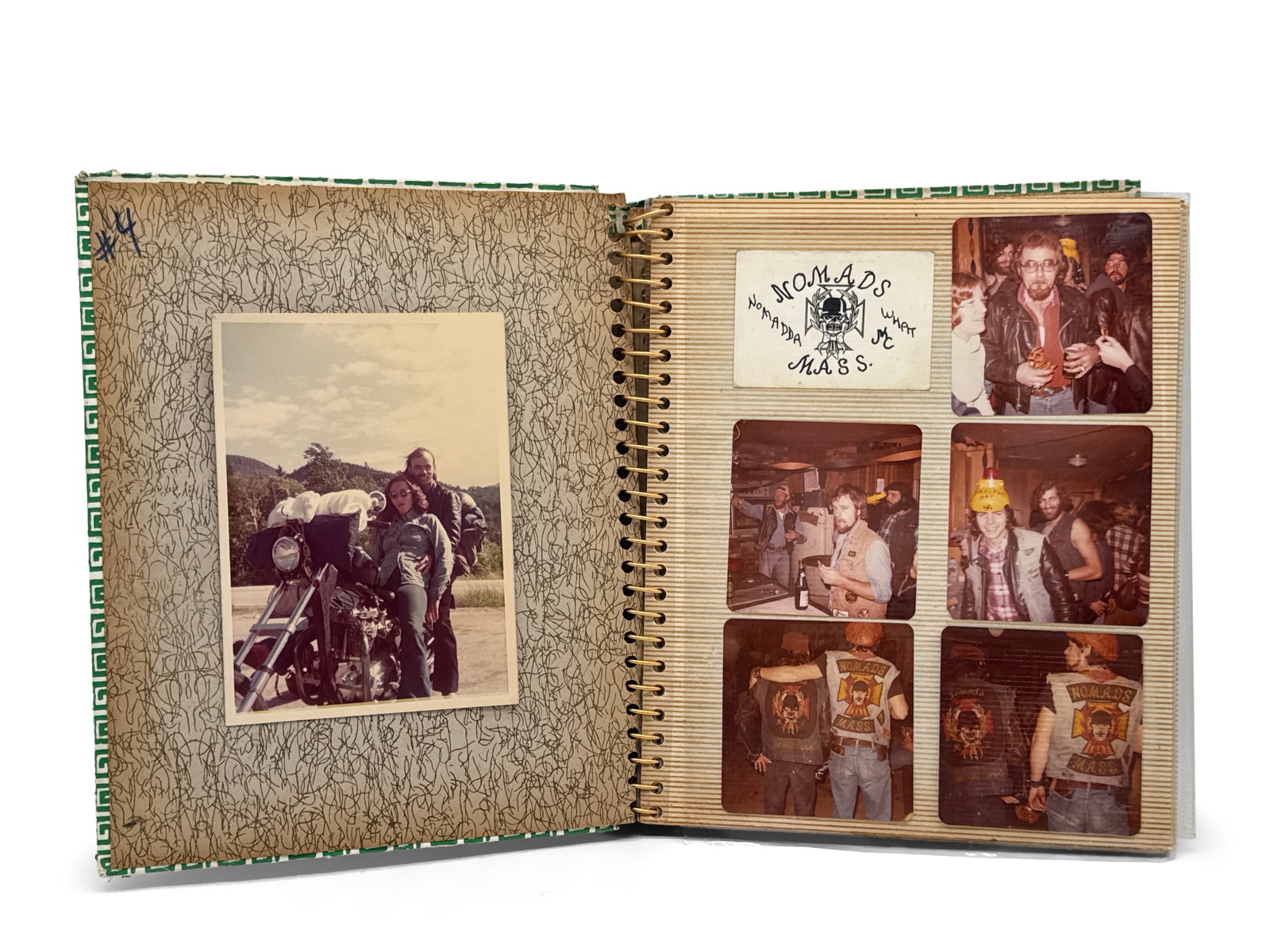 1970s Nomad Massachusetts Biker Gang Photo Album: A 1970s collection of motorcycle gang photographs of The Nomads, from Massachusetts. 12in tall x 10in wide. | You have additional shipping options, and are not required to use Live Shipping.