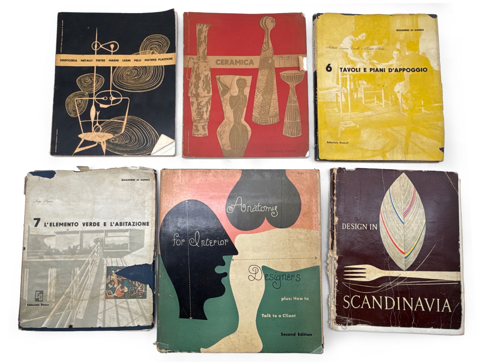 Six Midcentury Modern Design Books: Six rare midcentury modern design books to include "Anatomy for Interior Designers" by Francis de N. Schroeder; "Ceramica" by Centro Studi Triennale, 1953; "Oreficera Metalli Peitre Marni", 1952; "Tav