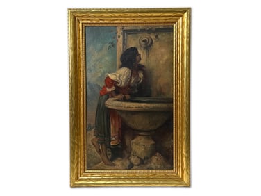 After Léon Bonnat Oil/Canvas: Roman Girl at Fountain