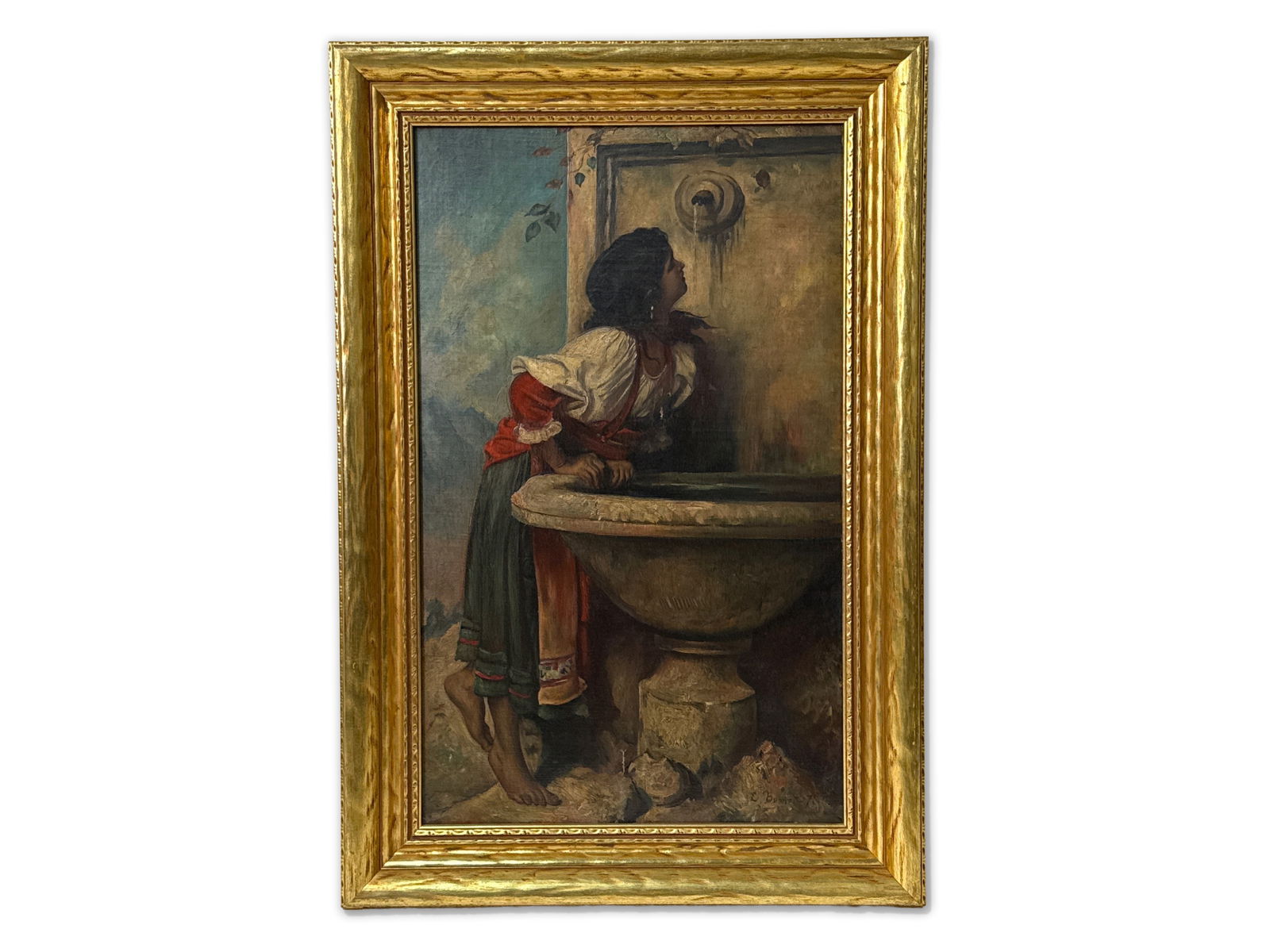 After Léon Bonnat Oil/Canvas: Roman Girl at Fountain: An oil on canvas genre scene depicting a Roman girl at a fountain. Spuriously signed lower right. Gilt framed. Canvas: 26in x 16in. Outside frame: 21-1/2in x 31-1/2in. | You have additional shipping o