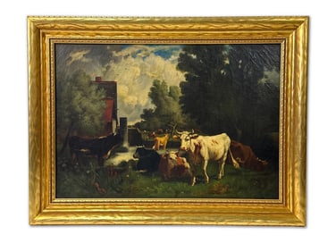 Unsigned Gilt-Framed Oil/Canvas: Cows