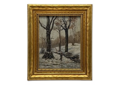 Unsigned Gilt-Framed Oil/Panel: Woodcutter