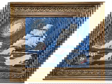 New England Folk Art Painting of Whales and Sailboat