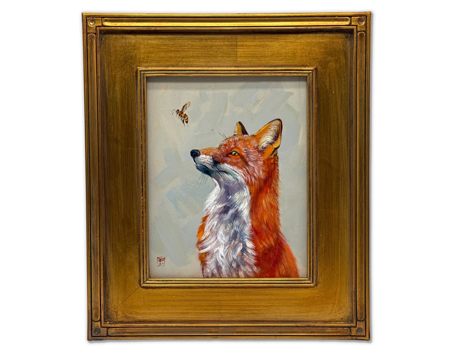 Gilt-Framed Oil/Board: Fox and Bee: A gilt wood-framed oil on board of a fox and bee. Signed. Board: 9-1/2in x 7-1/2in. Frame: 15-1/2in x 13in. | You have additional shipping options, and are not required to use Live Shipping.